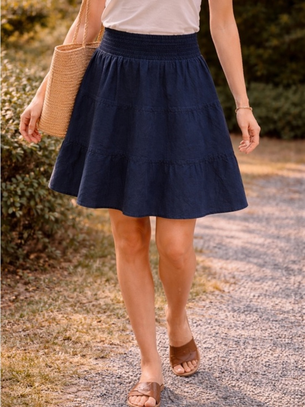 Soft Surroundings Linen Tiered Skirt Navy Elastic Waist Boho